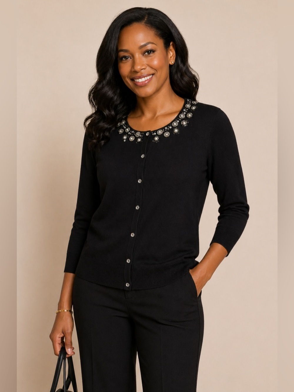 Spense Black Embellished Cardigan Sweater M Beaded Neckline Button Front Classic